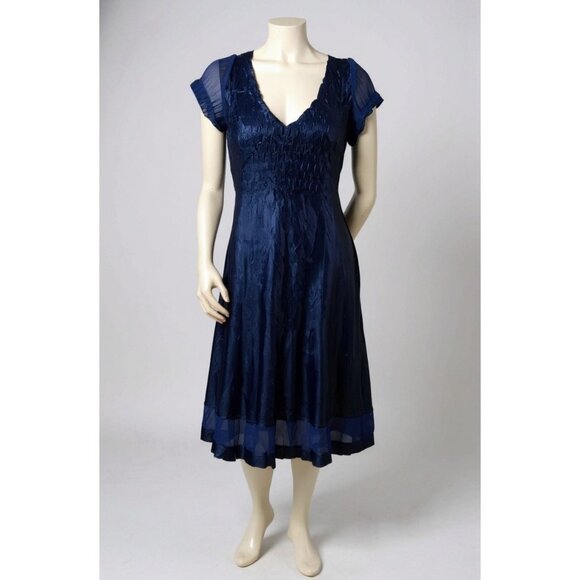 Vintage Dresses & Skirts - Expo New York Satin Mixed Media Crinkle Slip Dress in Sapphire Blue Size L